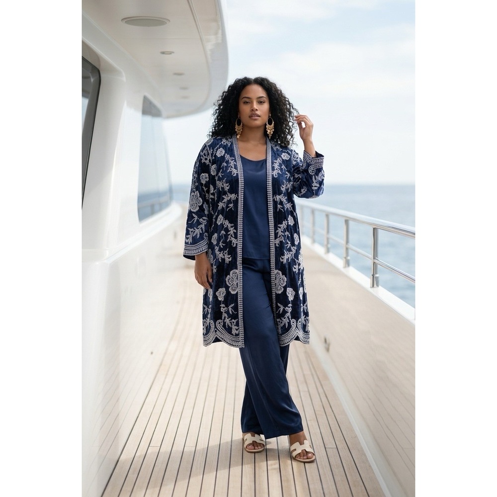 Raj Navy Blue Floral Embroidered Duster  Kimono Open Front Longline NEW